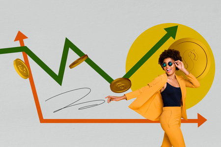 Composite artwork photo collage sketch of dollars earnings success trade goal young woman eyewear style walk finance market currencyの写真素材