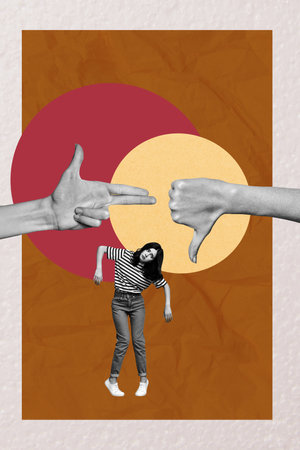 3D collage design composite trend artwork sketch of hand showing sign body language symbol dislike young lady stand confusedの写真素材