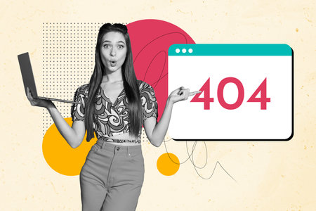 Exclusive art banner collage of shocked it-specialist girl hold laptop point webpage 404 error window alert antivirus appの写真素材
