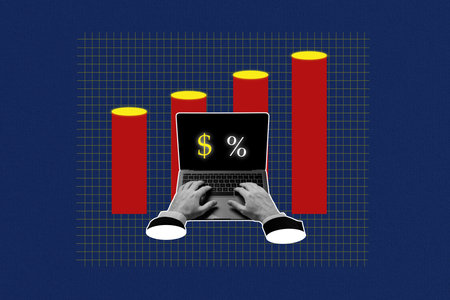 Creative 3D photo collage trend artwork template of target trader graphics stats charts device...