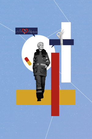 Trend artwork poster composite sketch image collage of worker middle age woman walk step doc...