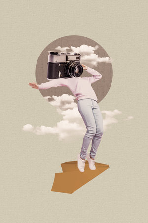 Composite sketch design artwork 3D photo collage of woman stand paper plane fly sky cloud