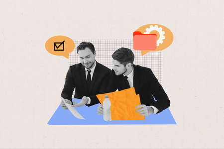 Sketch image artwork composite 3D photo collage of two young man work together office manager human resources manager recruitment documentの写真素材