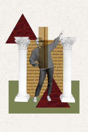 Poster image vertical photo collage of happy old woman dance art gallery column prehistory art party occasion indoor past cultureの写真素材