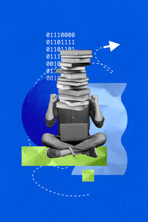 Vertical sketch 3d artwork collage poster of man book education stack cyber digital code surf laptop...