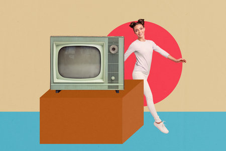 Creative sketch collage of happy girl walk retro television monitor broadcast channel cinema...