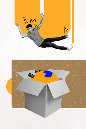 Composite image montage trend artwork 3D collage of eye watch spy peek oversee delivery box young...