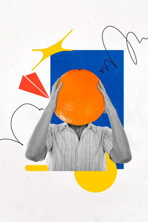 Vertical art creative trend collage of anonym man instead head orange citrus fruit detox nutrition...