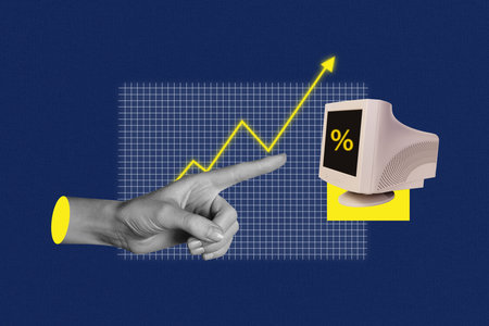Sketch template design 3D photo collage composite of stats graphics percent target hand gesture...