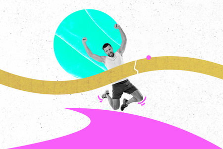 Creative photo poster trend art collage image of excited man jump volleyball basketball football ball game player champion winnerの写真素材