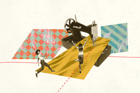 Trend banner art photo collage image of two happy girls run sewing machine fashion cloth fabric manufacture design handy-workの写真素材