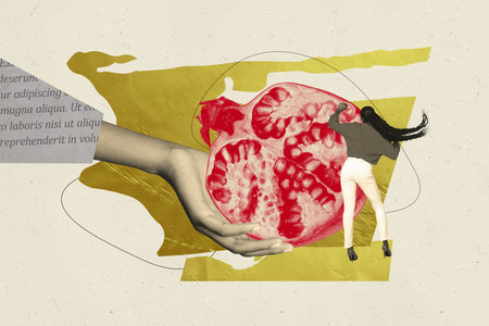 Composite image montage trend artwork 3D collage of young lady stand back huge hand hold fruit pomegranate diet fresh healthy hungryの写真素材