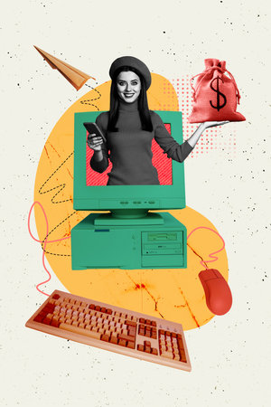 Composite sketch design 3D photo collage of retro vintage computer keyboard monitor young lady...