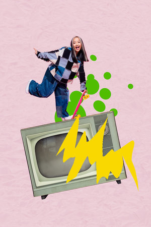 Trend artwork composite 3D collage design of young lady skateboard rider sportive lifestyle obsolete government tv tuner technology videoの写真素材