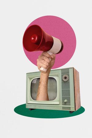 Composite image montage trend artwork 3D collage of television retro tuner device display hand appear hold loudspeaker procalim ads newsの写真素材