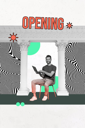 Composite trend artwork sketch image photo collage of young guy creative hand hold laptop surreal illustration opening startup businessの写真素材