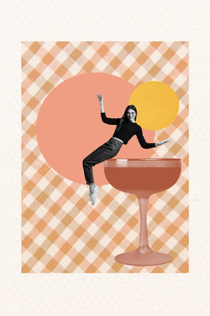 Trend composite sketch template photo collage of young woman sit happy glass relax drink friday holiday beverage night party event leisureの写真素材