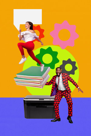 Sketch image artwork composite 3D photo collage of team young lady hiring speech cloud man hand...