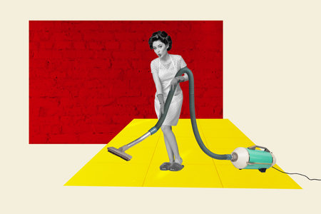 Photo cartoon comics sketch collage of astonished girl pouted lips hold vacuum cleaner tool wipe floor apartment washer dutyの写真素材