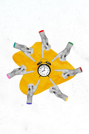 Trend artwork sketch design montage 3D collage of poster point deadline time work fast showing body language finger point hand symbolの写真素材