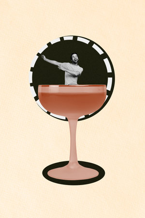 Template sketch trend artwork 3D photo collage of celebrate drink friday chill holiday cocktail drink young man appear smile danceの写真素材