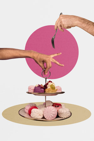 Trend artwork sketch design montage collage of hand hold fork tray sweet fluffy candy gourmet cook chef delicious restaurant calories dietの写真素材