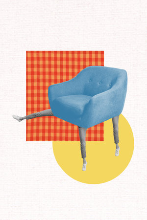 Vertical art banner collage of female legs step instead body armchair furniture three feet coach cozy stool indoor apartmentの写真素材