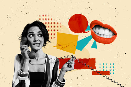 Composite sketch image design trend artwork collage of young lady talk hand hold wire land line phone mouth lips makeup lipstick dialogの写真素材