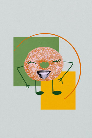 Vertical sketch 3d artwork collage poster of positive emoji mouth show tongue donut nutrition sweet cafe dessert carbs junk food pastryの写真素材