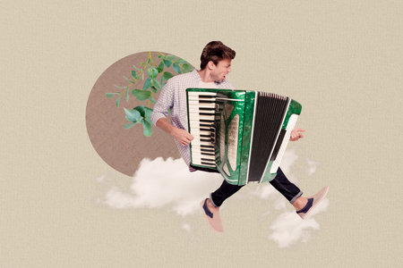 Composite art 3d creative image collage of happy man play accordion music instrument occasion relax party celebration solo performanceの写真素材