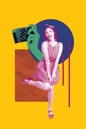 Poster image vertical photo collage of happy girl fashion model pose retro device instant camera photo-shooting capture cadreの写真素材
