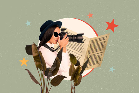 Contemporary art banner collage of happy girl photographer wear sunglass hold modern camera paparazzi correspondent leaves page textの写真素材