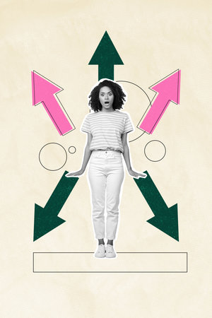 Composite sketch design artwork 3D photo collage of young woman stand confused think many arrow show...