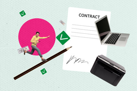 Composite artwork photo collage trend template of young man run pencil agreement contract laptop recruitment entrepreneur human resourcesの写真素材