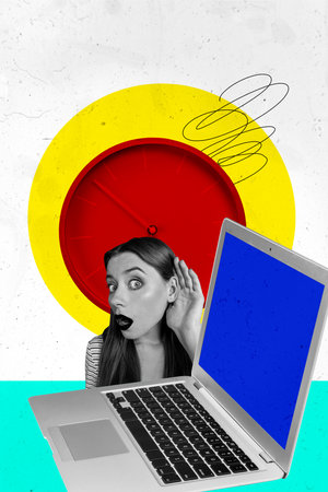 Poster sketch image artwork 3D photo collage of business alarm fast work time online laptop remote internet young woman listen gossip earの写真素材