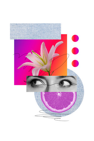 Vertical art creative trend collage of female eyes stare lily flower spring bloom bud orange slice detox citrus diet international holidayの写真素材