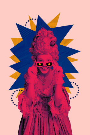 Vertical art creative trend collage of happy aristocrat girl wear sunglass cool stars party rococo...