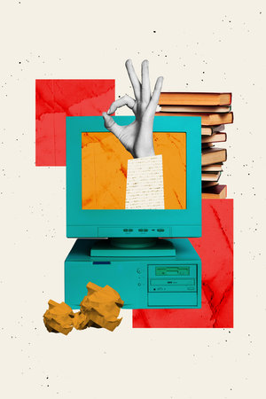 Trend template sketch design 3D photo collage of remote device computer netbook library student...