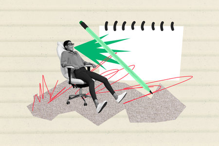 Composite photo collage of happy american girl sit chair pencil paper sheet education supplies to-do task isolated on painted backgroundの写真素材