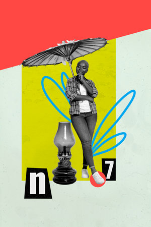 Vertical sketch 3d artwork collage poster of happy american girl hold umbrella autumn weather forecast cyclone retro flashlightの写真素材