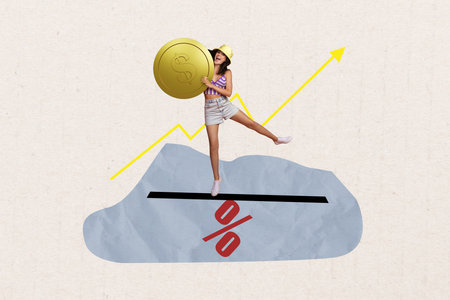 Poster sketch image artwork 3D photo collage of young woman stand percent wings balance hold coin rich wealth salary income earningsの写真素材