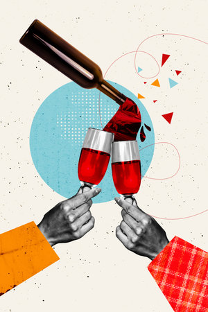 Photo poster 3d image collage banner of two hands hold wine glass bottle bartender pour champagne toast celebration relax partyの写真素材