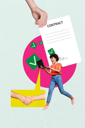 Sketch image trend artwork montage photo collage of young lady walk hand hold contract laptop handshake recruitment hr employment workerの写真素材