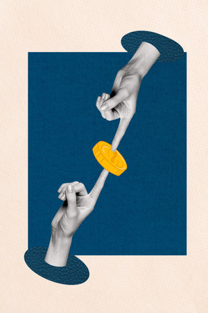 Trend artwork banner sketch 3D photo collage of hand showing gesture finger body language finger touch gold coin finance income moneyの写真素材