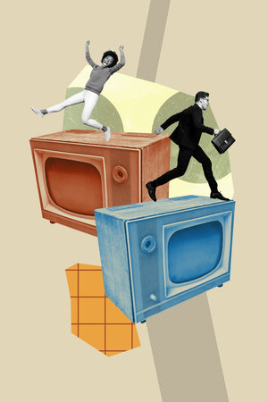 Vertical art banner collage of two happy girl guy run retro analog channel television broadcast