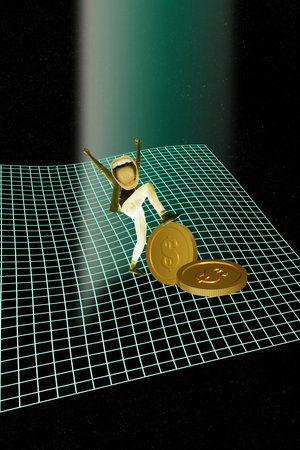 3d art poster vertical collage of anonym human instead head mouth scream cyberspace technology coin income dollar penny on dark backgroundの写真素材