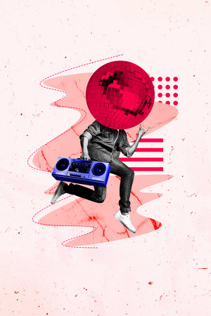 3D collage trend artwork composite sketch poster of discoball head young man run play song hobby...