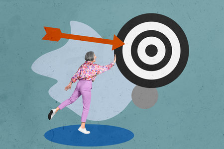 Art sketch collage of happy businesswoman stand target darts arrow purpose achievement success...
