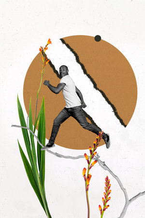 Composite 3D photo collage design trend sketch of young man levitate run way direction aim plant leaves flower nature summer seasonの写真素材