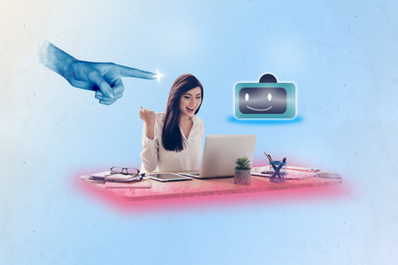 Composite trend artwork 3D sketch image collage of ai app artificial assistant data robot head finger point young lady office work laptopの写真素材